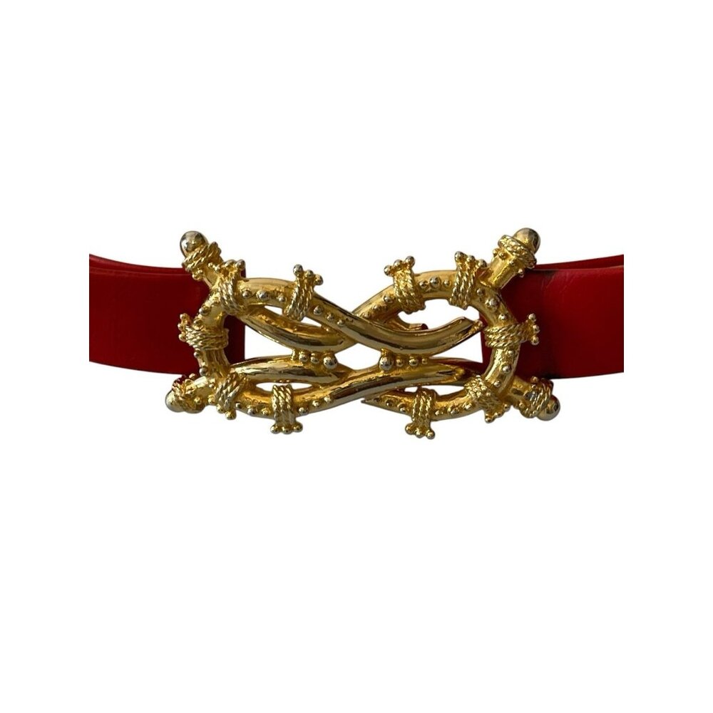 Vintage 1980’s Mimi Di N Women’s Gold Tone Nautical Buckle & Red Belt Signed
